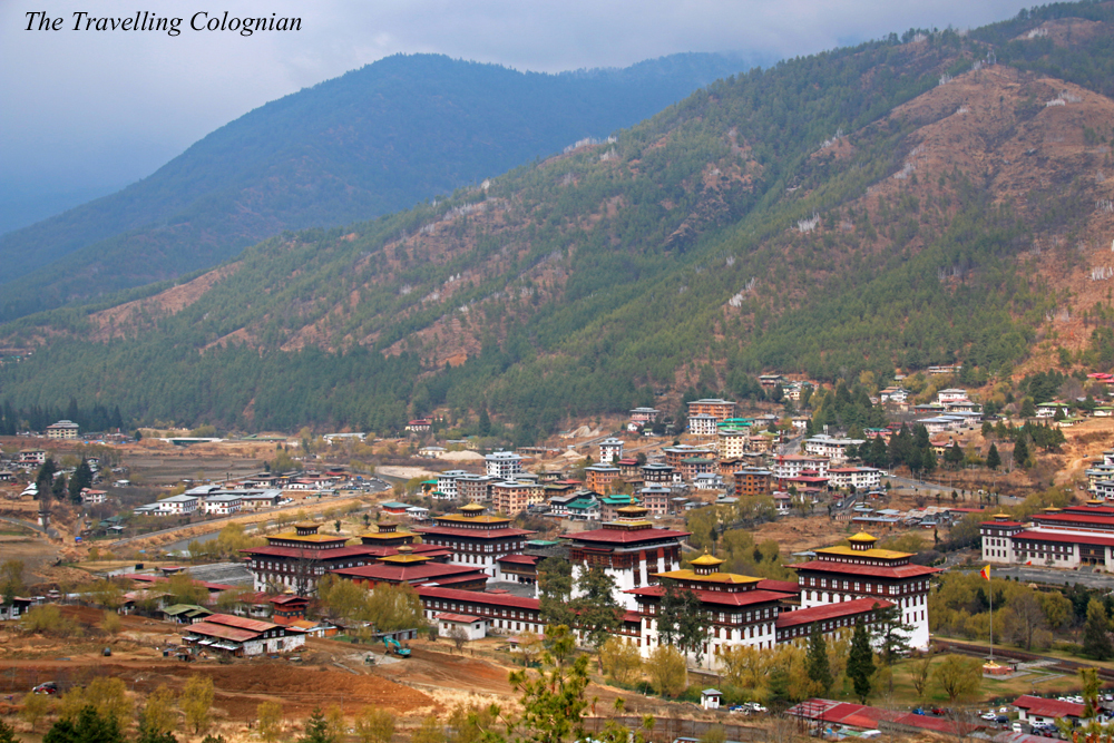 Travel blogger review 2017 Thimphu Dzong from above Tashichho Dzong from above Thimphu Bhutan Himalayas South Asia ASIA