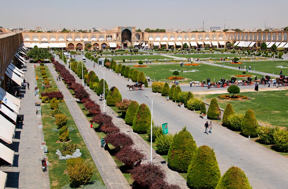 View of Naqsh-e Jahan Square and the entrance to the Grand Bazaar from the porch of the Ali Qapu Palace in Isfahan, Iran