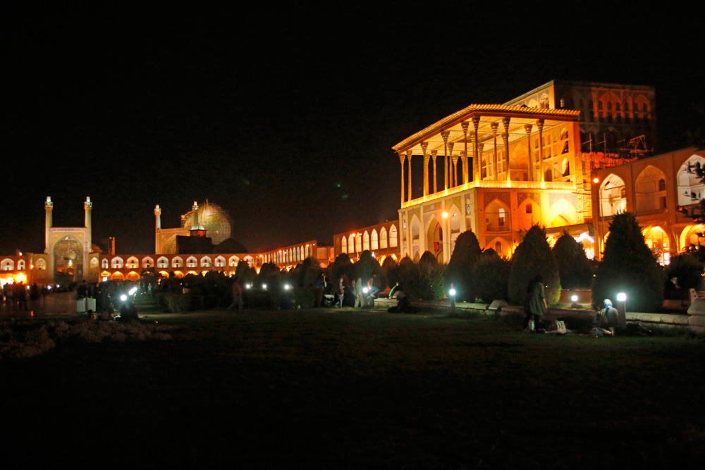 The Ali Qapu Palace and the Shah Mosque in Isfahan, Iran at night