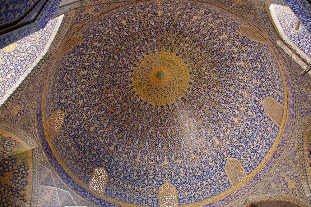 The interior of a smaller dome in the Shah Mosque in Isfahan, Iran