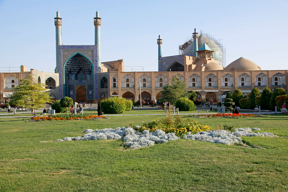 Flower beds in front of the Shah Mosque in Isfahan, Iran