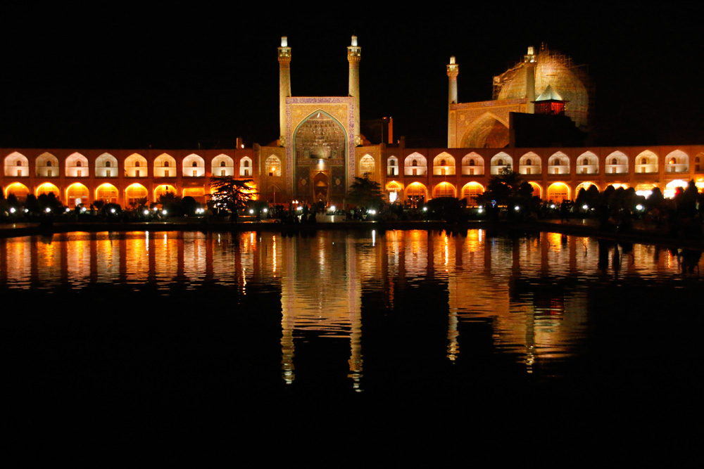 The Shah Mosque in Isfahan, Iran at night
