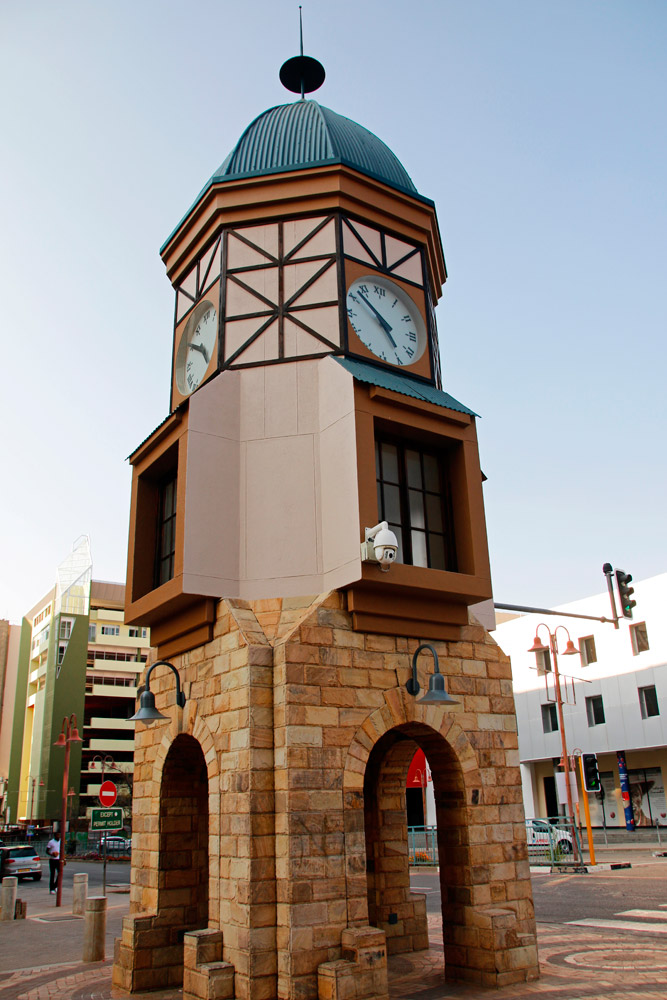 The clock tower at Post Street Mall in Windhoek in Namibia